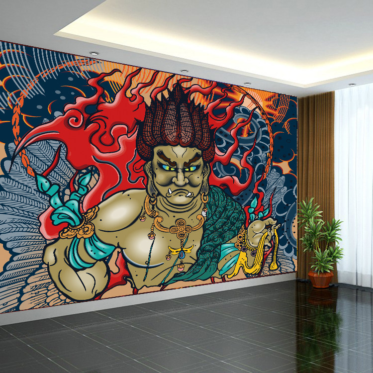不动明王墙纸纹身店装饰背景布佛像壁纸日式老传统壁画挂布墙布