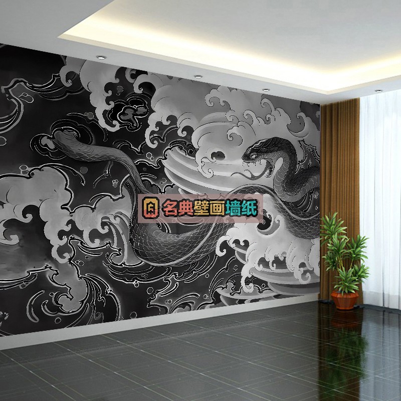 灵蛇妙舞背景墙布挂布艺术墙纸纹身店直播装饰拍摄装修背景墙壁画