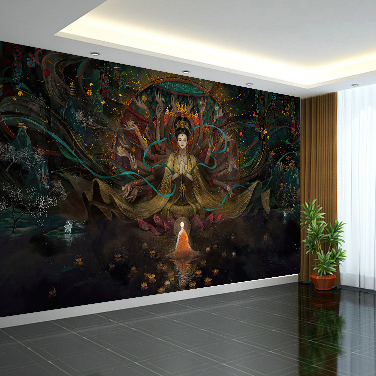 敦煌装饰背景布墙画千手观音挂布纹身店墙纸刺青壁纸壁画藏式墙布