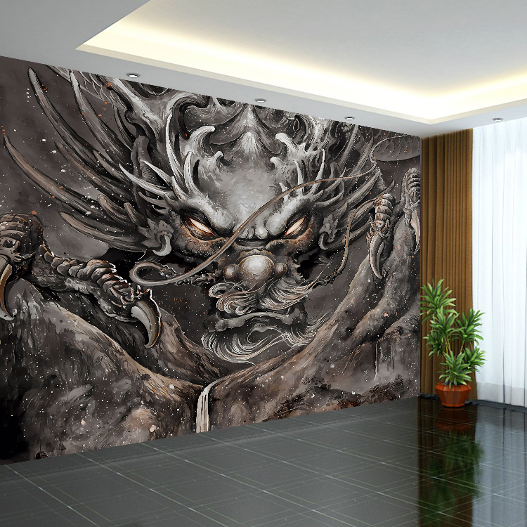 中国龙纹身墙纸刺青店墙布背景墙壁画背景布挂布主题装修装饰壁纸
