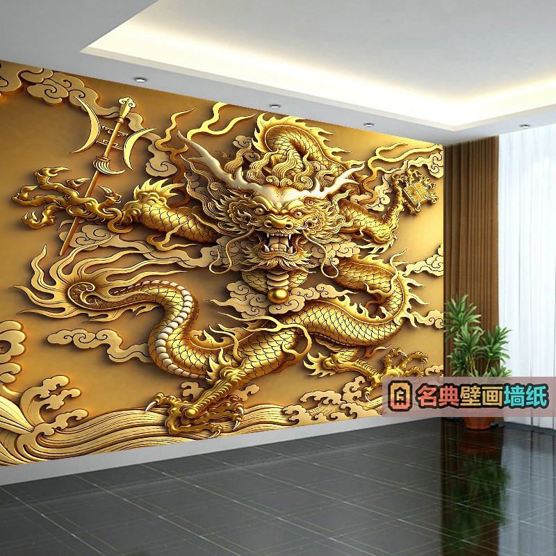 龙吐水墙纸寺庙佛堂供桌影背景墙纸卧室客厅装饰画仿浮雕龙纹壁纸图片