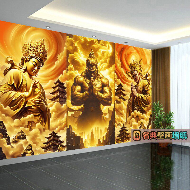 千手观音墙纸佛像壁纸佛堂壁画壁纸挂布金刚背景布纹身店装饰墙布