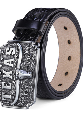 西部牛仔皮带扣男士真皮腰带纯铜牛头扣黑色雕花皮带潮流腰带