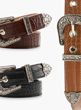 BradyMelivette美式复古鳄鱼纹雕花扣腰带朋克风个性腰带男女装饰
