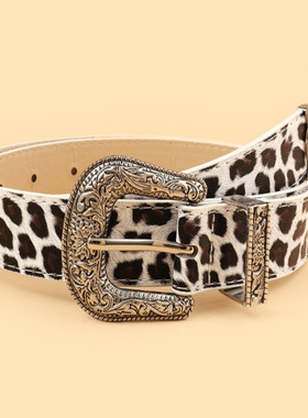 BradyMelivette欧美新款复古雕花仿马毛豹纹时尚Y2K西部扣皮带