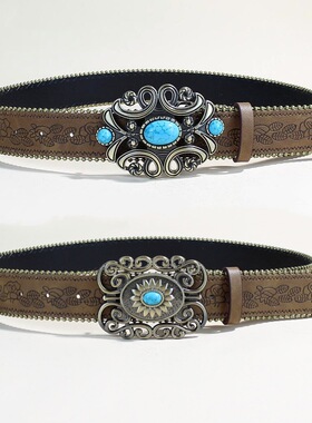 BradyMelivette美式复古百搭绿松石扣皮带印花民族风性感PU腰带