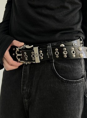 BradyMelivette辣妹黑色宽皮带复古朋克风铆钉腰带Y2K双子十字星