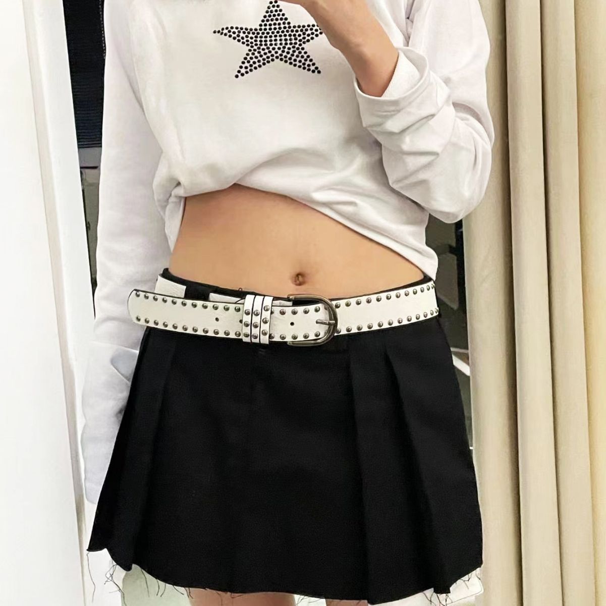 Y2K嘻哈牛仔皮带女宽腰带朋克风柳钉黑色腰带百搭ins休闲裤带