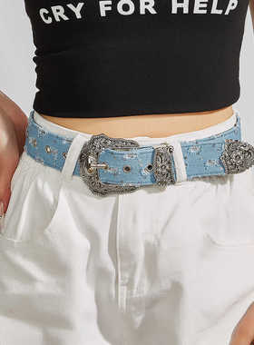 美式辣妹蓝色牛仔裤腰带女复古花雕个性皮带百搭学生韩版休闲腰带