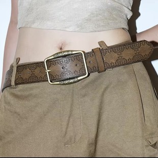美式 复古民族风压花皮带女金属扣棕色百搭高级感腰带