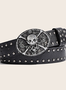 朋克重工骷髅头铆钉皮带男女复古摇滚金属扣腰带黑色