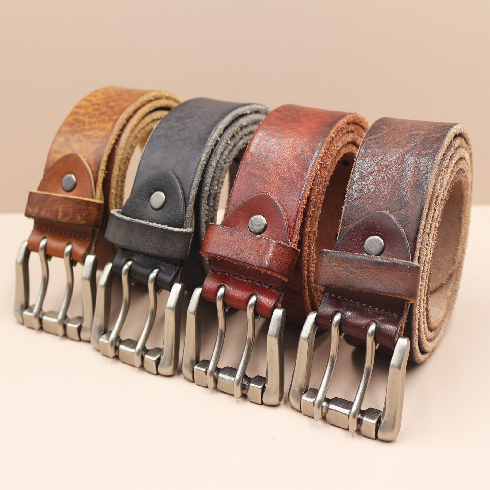 头层牛皮光面做旧针扣腰带百搭