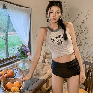 新款bikini泳衣女针织上衣小清新高腰短裤游泳衣高级感性感女泳装