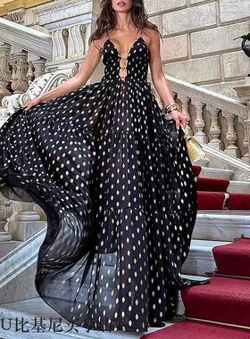 2025新款欧美泳装 爆款深V复古波点印花连体泳衣套装女跨境25316