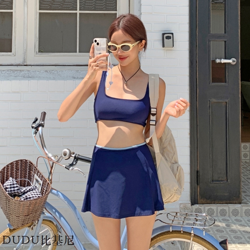 3件套~锦纶藏蓝色运动风分体比基尼独立裙裤日系可爱学生少女泳衣