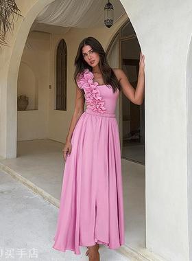 2025欧美泳装新款粉色设计感荷叶边连体泳衣套装女爆款25364