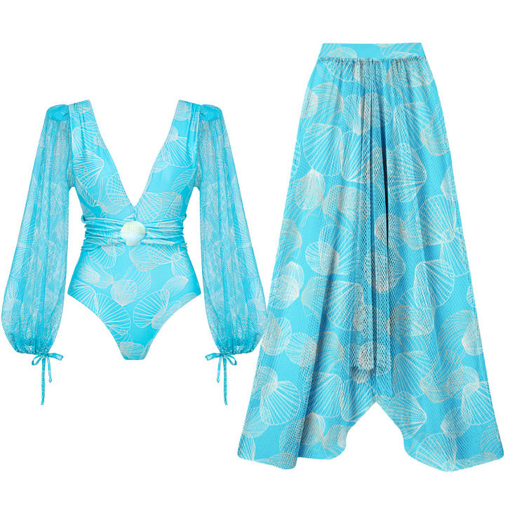 2026欧美泳装爆款V领网纱长袖亮面贝壳印花连体泳衣套装女25168