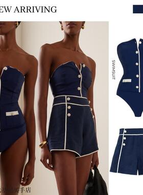 2025欧美泳装新款海军抹胸简约连体泳衣短裤套装女跨境25293