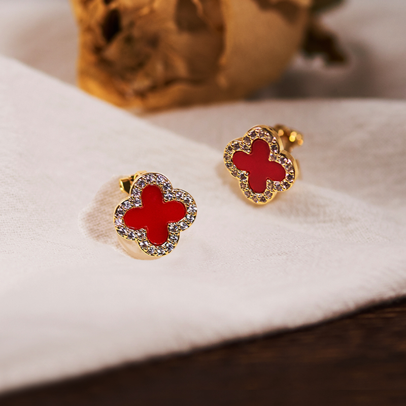 新年新气象红色幸运四叶草耳钉耳夹无耳洞女高级感夹式925银针