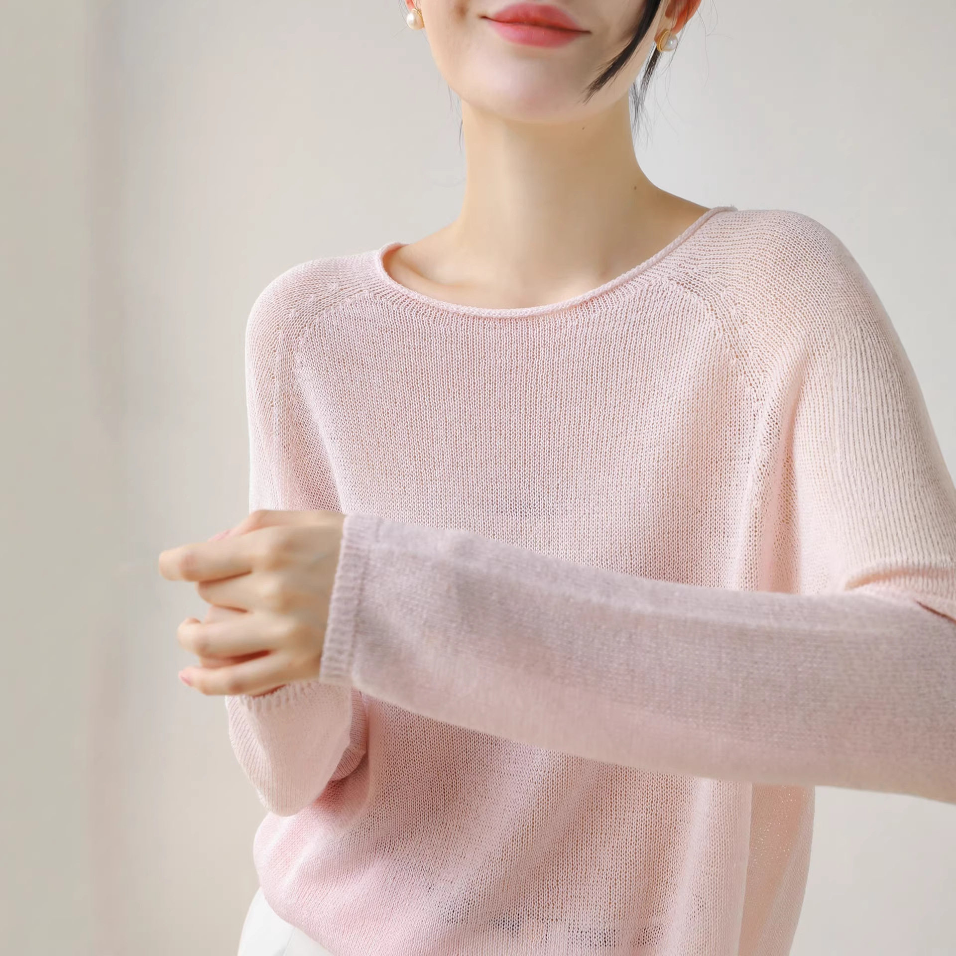 港米服饰/无缝和纸纱薄圆领针织毛针织衫