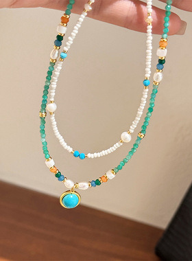 时尚小清新简约百搭高级感松石吊坠串珠项链轻奢小众天然石锁骨链