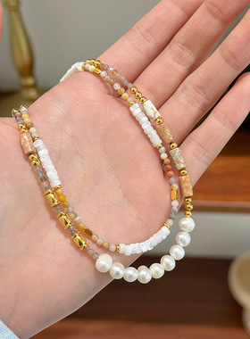 复古简约贝母算盘珠淡水珍珠项链轻奢小众高级感百搭串珠锁骨链女