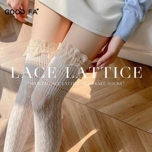 洛丽塔白色过膝袜女蕾丝拼接网纹春秋季jk黑丝小腿袜配靴子高筒袜
