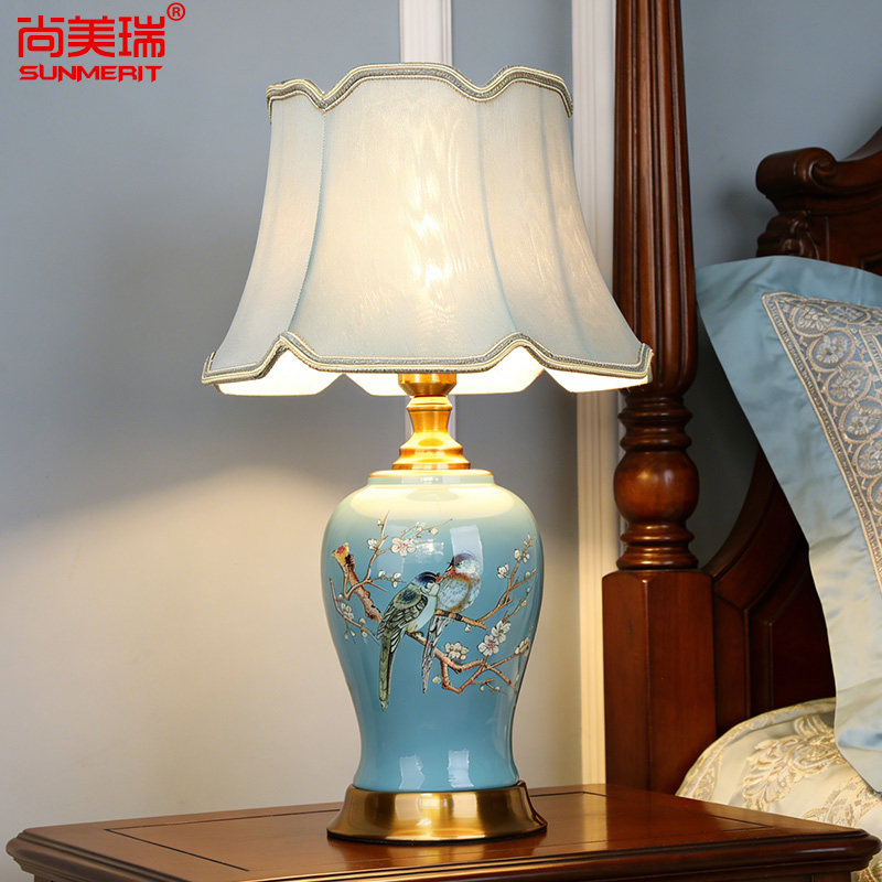 欧式古典台灯卧室床头灯陶瓷中式花鸟客厅灯客房灯蓝色绿色装饰灯