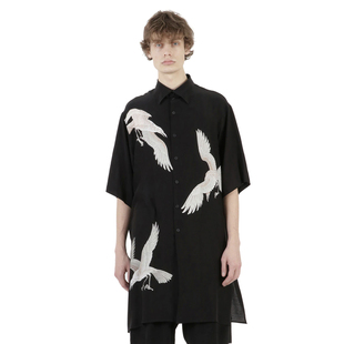 YOJI OOAK PRINT SILK SHIRT印花乌鸦短袖真丝宽大衬衫男士廓形