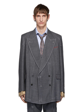 YOJI OOAK DOUBLE BREASTED JACKET缝线双排扣鲨鱼灰色羊毛西装