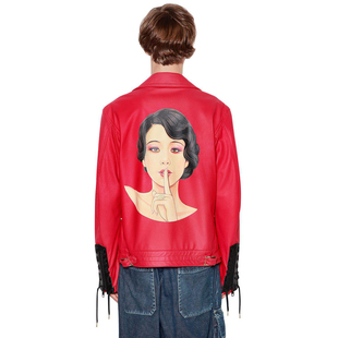 BIKER LEATHER JACKET昭和美人红色小牛皮真皮印花皮衣 OOAK YOJI