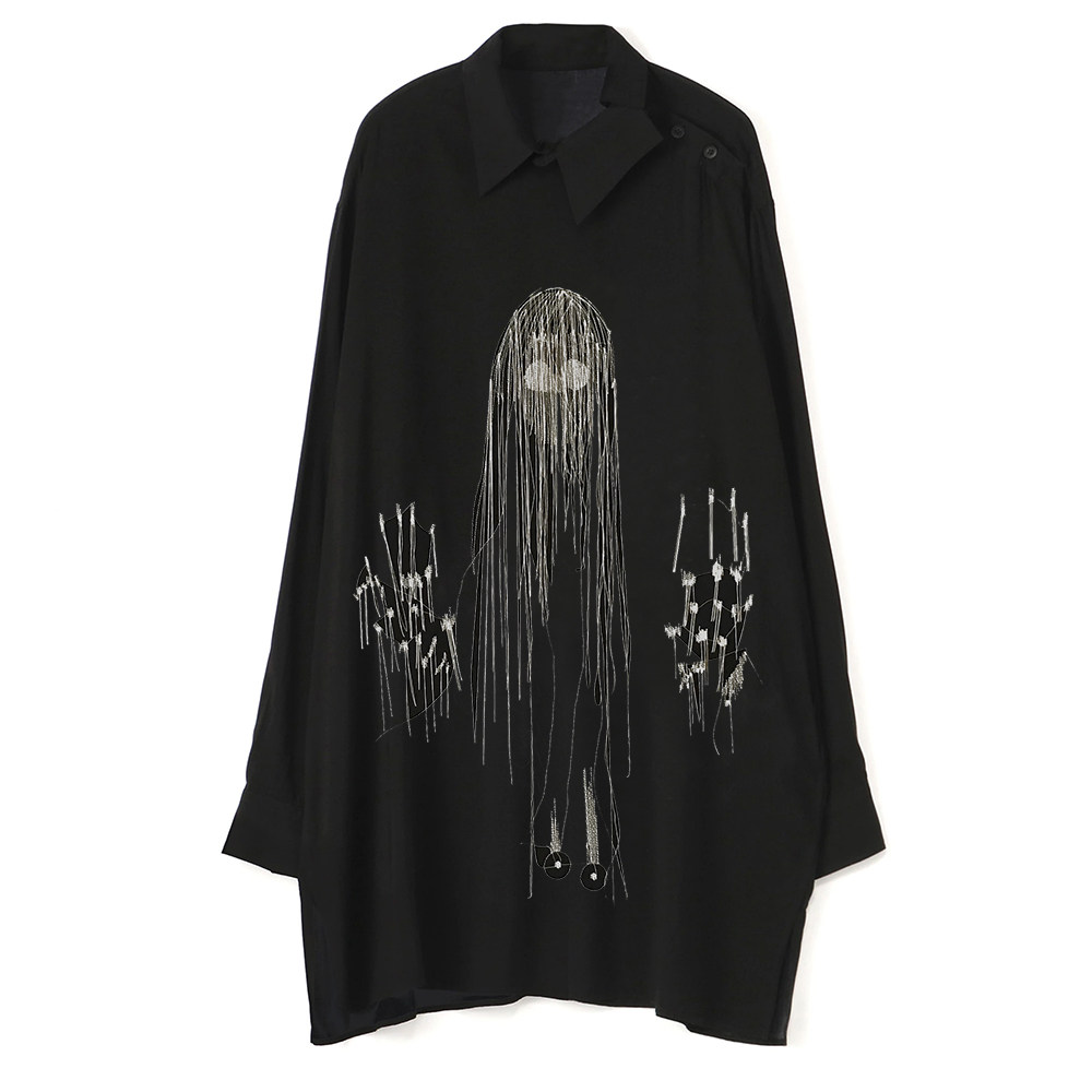 yoji ooak内田すす91め内田雀刺绣罩衫飘线纯棉衬衫男士休闲长袖