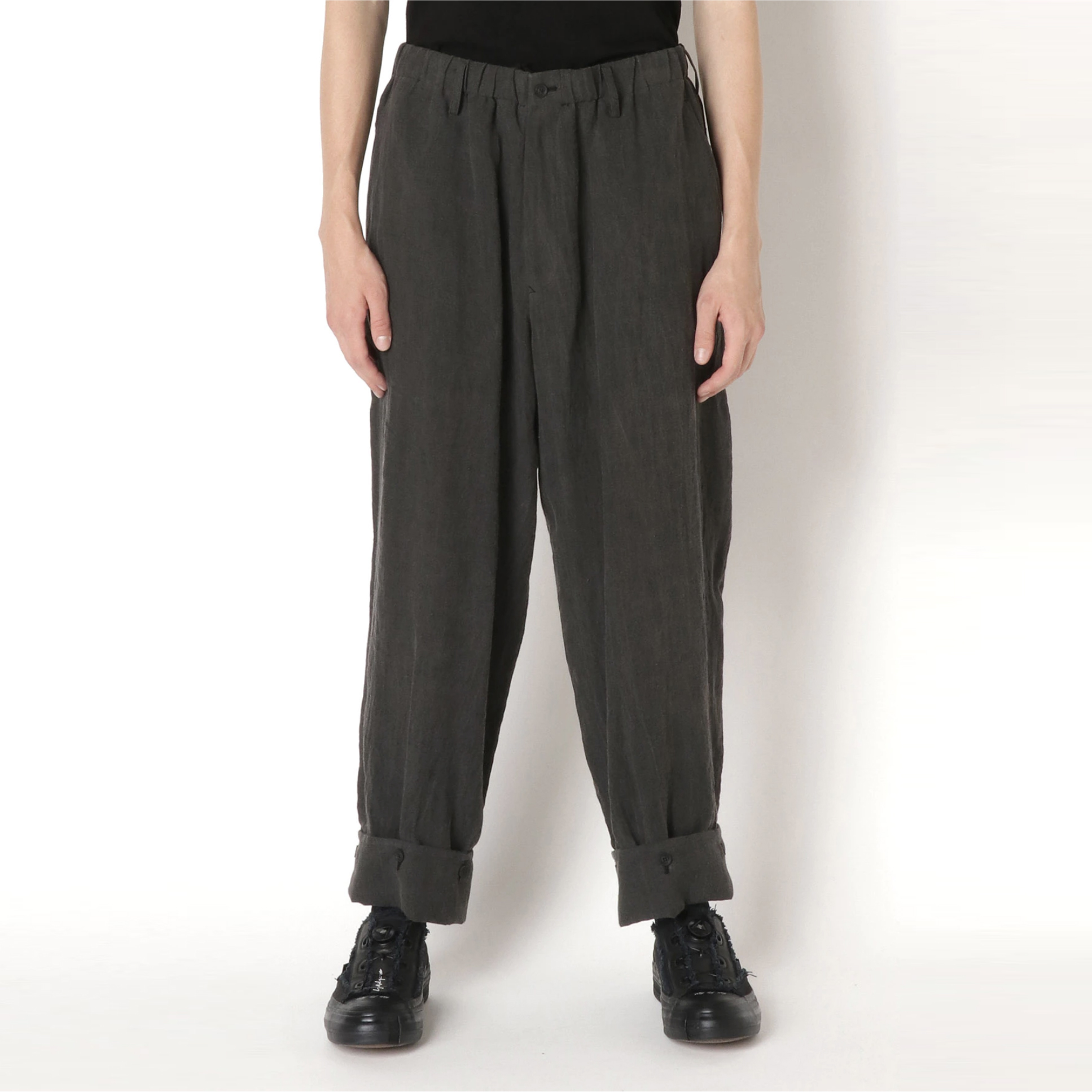 ooaklinen黑色亚麻日系脚口长裤