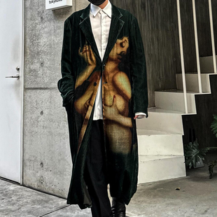 长袖 YOJI 领真丝衬衫 设计感美女印花图案西装 单排扣外套上衣 OOAK