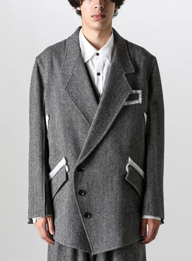 YOJI OOAK 设计师原创花灰色休闲时尚西装拼接白色口袋叠穿外套男