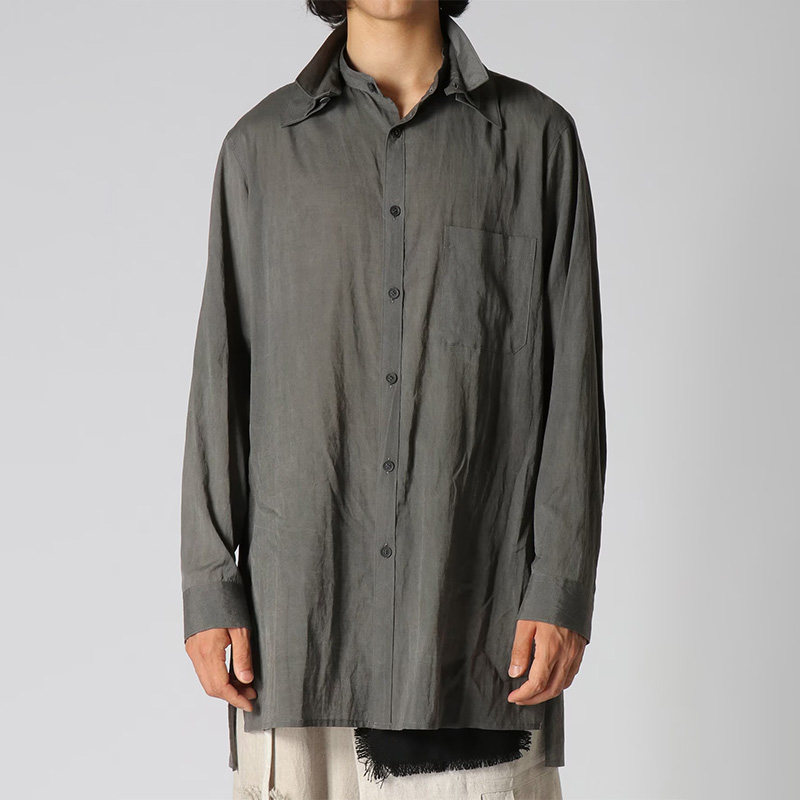 YOJI OOAK 原创设计双重可拆卸领烟灰色铜氨丝衬衫休闲立领衬衣男
