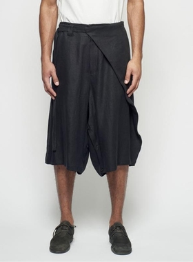 YOJI OOAK LINEN CASUAL PANTS黑色亚麻七分裤男士垮裤宽松短裤