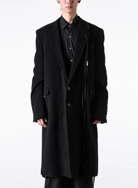 YOJI OOAK 黑色长款大衣单排扣西装领羊毛大衣长袖直筒外套上衣男