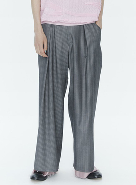 YOJI OOAK日本独家订织烟灰色条纹阔腿裤铜氨丝里布休闲羊毛西裤