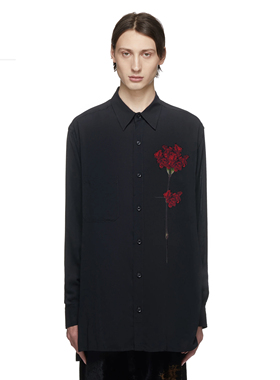 YOJI OOAK FORMAL SHIRT康乃馨花卉天丝黑色印花休闲衬衫设计师