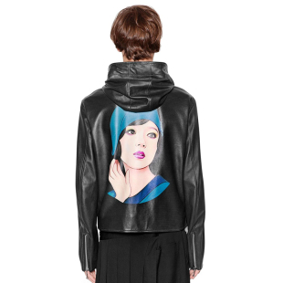 BIKER LEATHER JACKET黑色小羊皮连帽夹克纳帕印花皮衣 OOAK YOJI