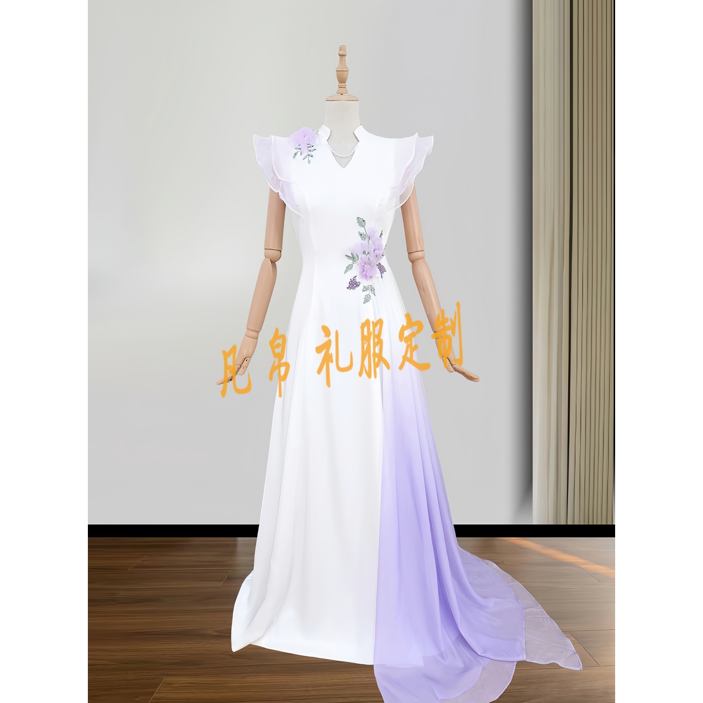 凡帛实拍白紫拼接色民族声乐舞台演出服艺考独唱定制演出礼服女