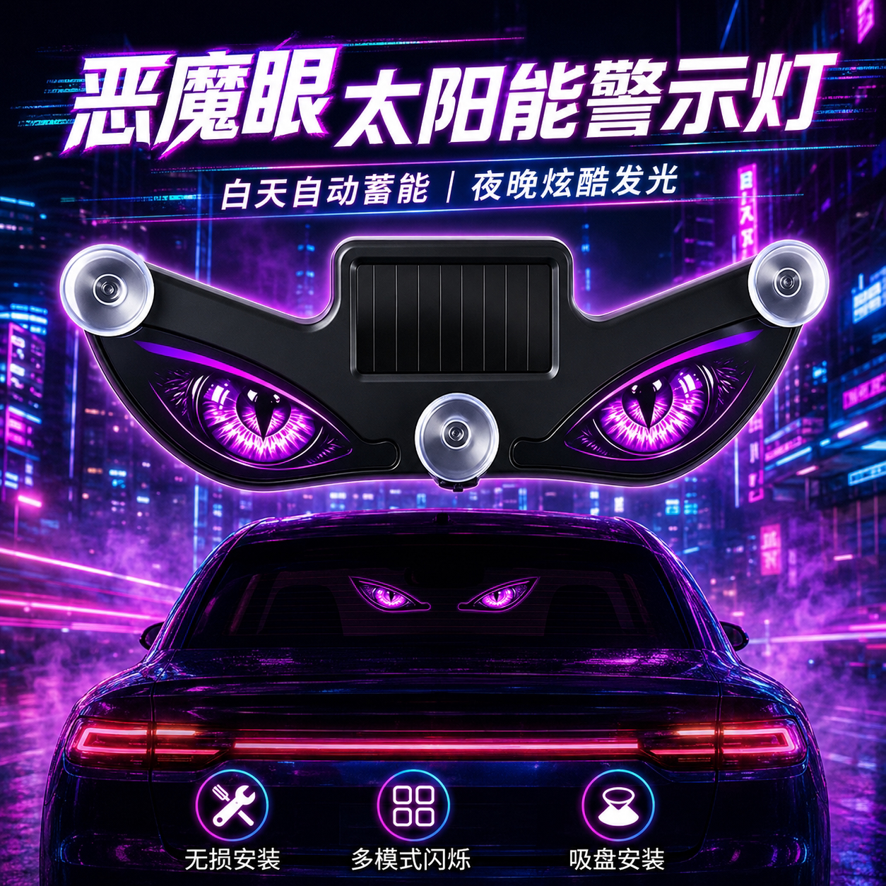 炫酷恶魔之眼太阳能LED车载氛围灯震动感应动态USB充电汽车全车窗