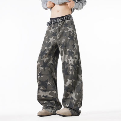 NineteenAutumn复古街头迷彩阔腿牛仔裤宽松高街工装直筒长裤男裤