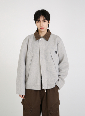 NineteenAutumn毛呢外套翻领宽松国潮美式休闲短款拼接呢料夹克男