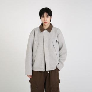 NineteenAutumn毛呢外套翻领宽松国潮美式休闲短款拼接呢料夹克男