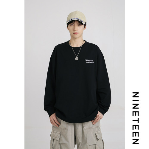 十九秋秋季新款字母刺绣基础百搭长袖T恤宽松休闲日系打底衫男生