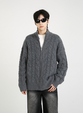 NineteenAutumn美式立领老钱开衫毛衣复古麻花拉链针织衫外套男女