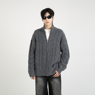 NineteenAutumn美式立领老钱开衫毛衣复古麻花拉链针织衫外套男女