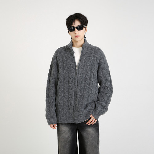 NineteenAutumn美式立领老钱开衫毛衣复古麻花拉链针织衫外套男女